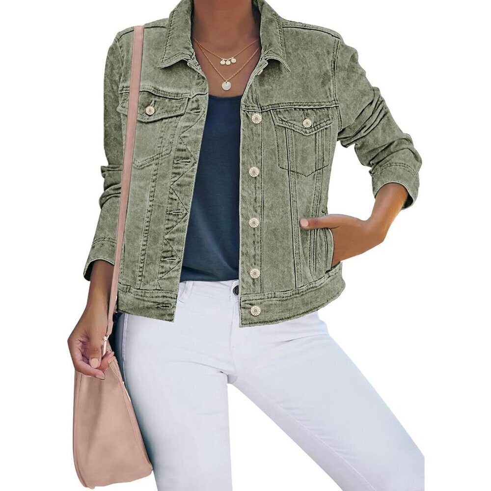 Women's Basic Button Down Stretch Fitted Long Sleeves Denim Jean Jacket Green